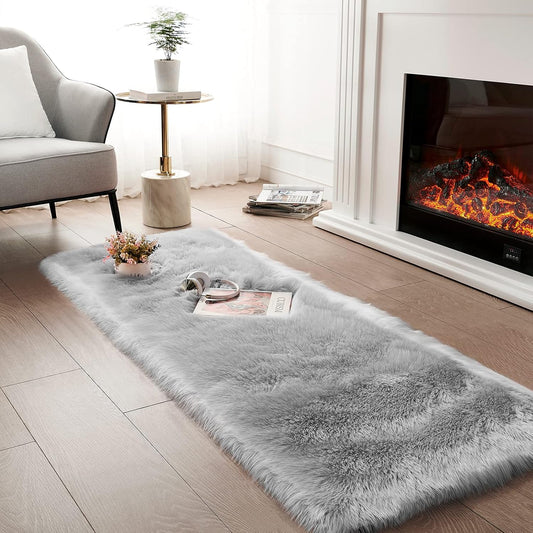 CIICOOL Alfombra de piel sintética para dormitorio, alfombra gris esponjosa...