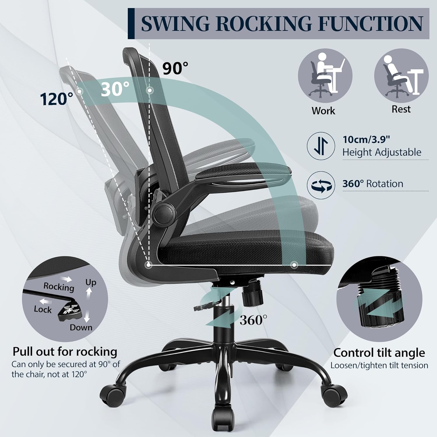 Felixking Silla de oficina, ergonómica de escritorio con altura ajustable y...