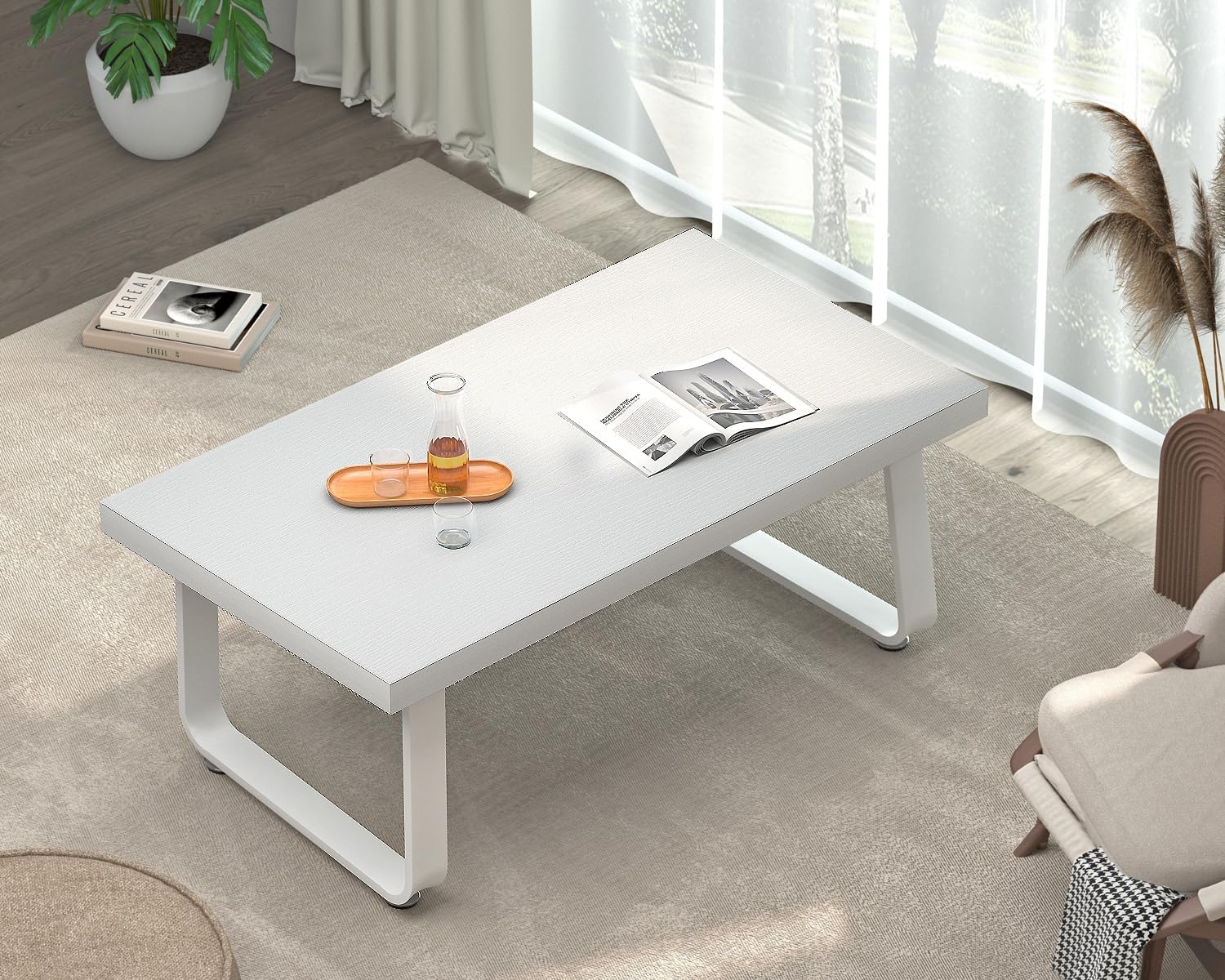 HSH Mesa de centro blanca, moderna mesa de madera simple para sala de estar,...