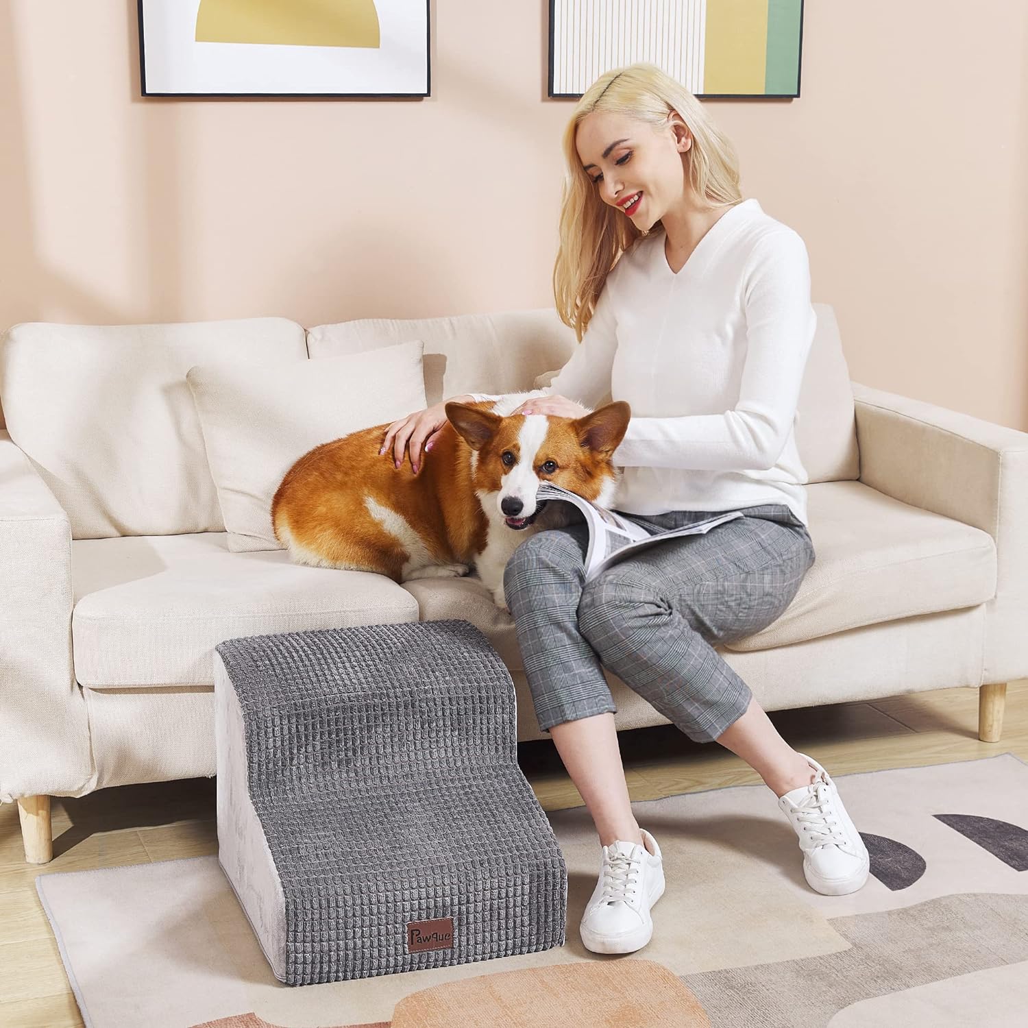 Pawque Escaleras grises para perros de 2 peldaños para cama alta, escalones...