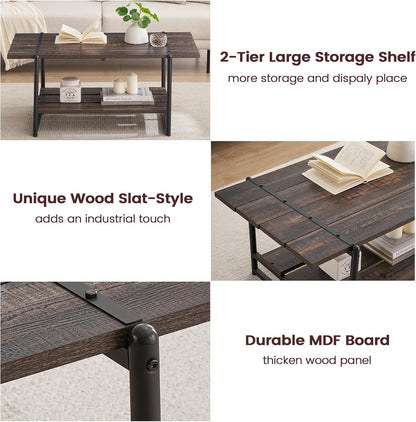 Mesa de centro industrial moderna de 41 pulgadas de madera grande de 2 niveles