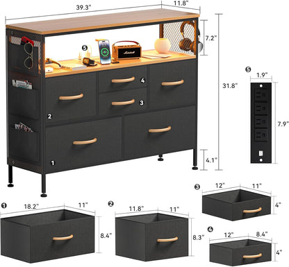 Cómoda para dormitorio, soporte de TV con tomas de corriente y luz LED, cómoda