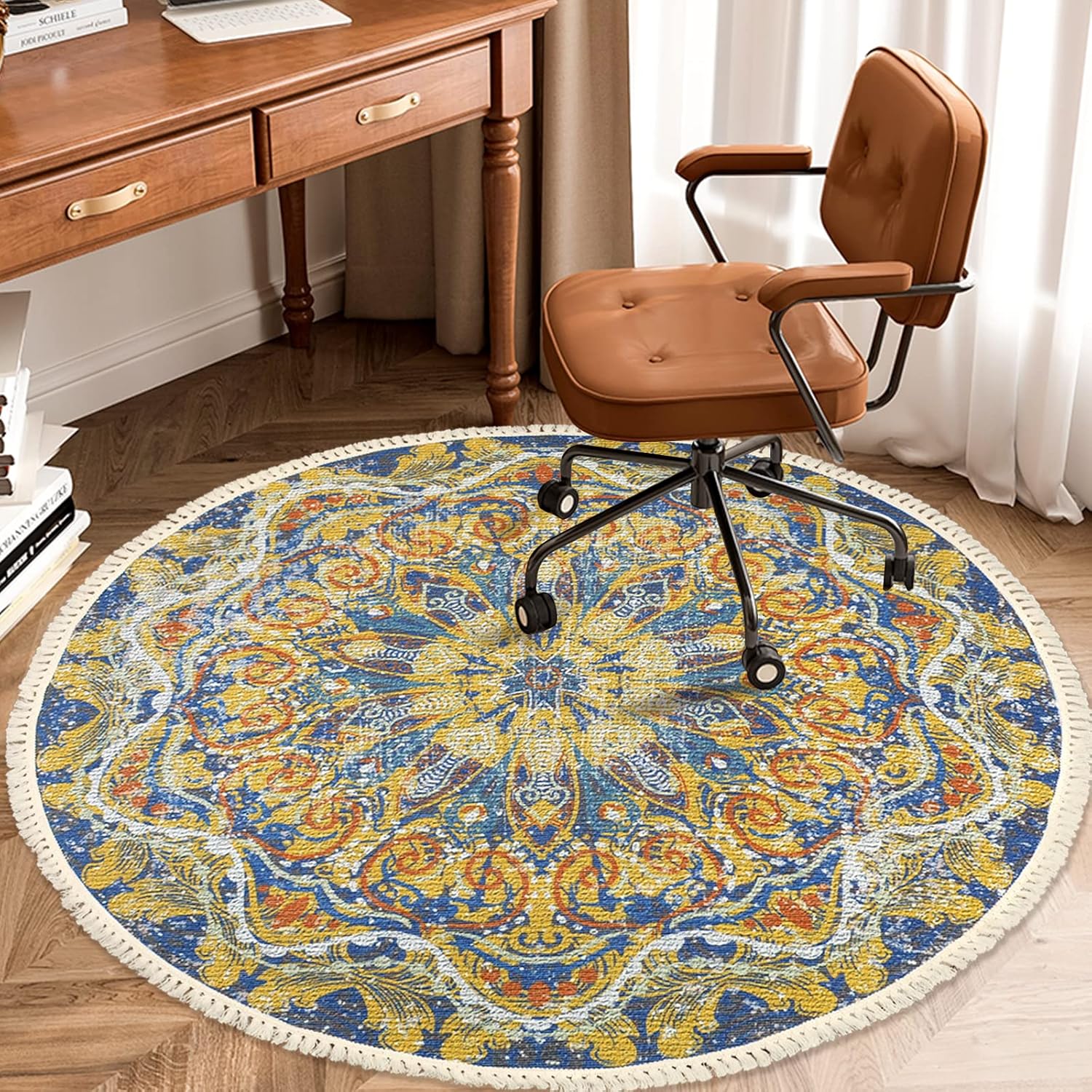 Alfombra bohemia redonda de 5 pies antideslizante para dormitorio, alfombra de