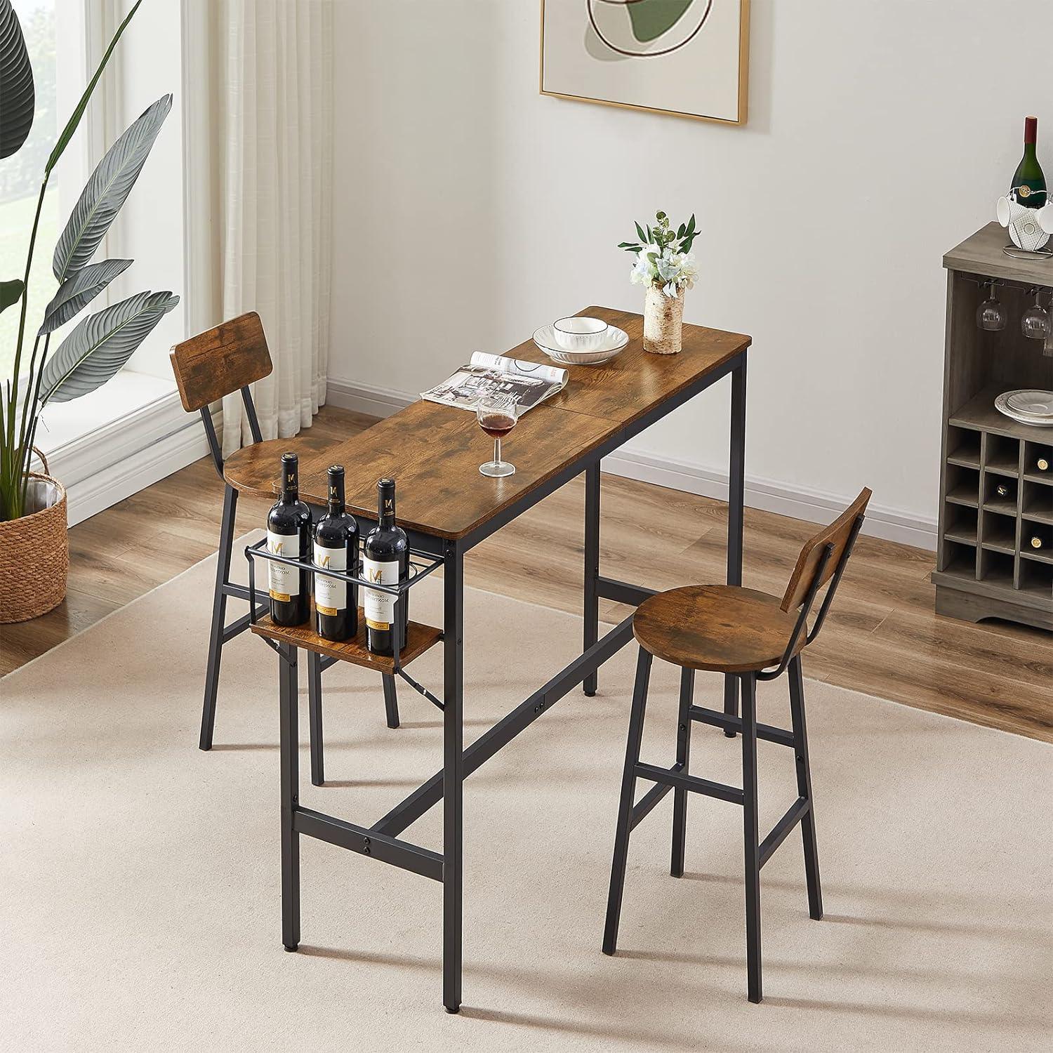 Bar Table and Chairs Set, Industrial Bar Stools Set for 2 with Collapsible Wine