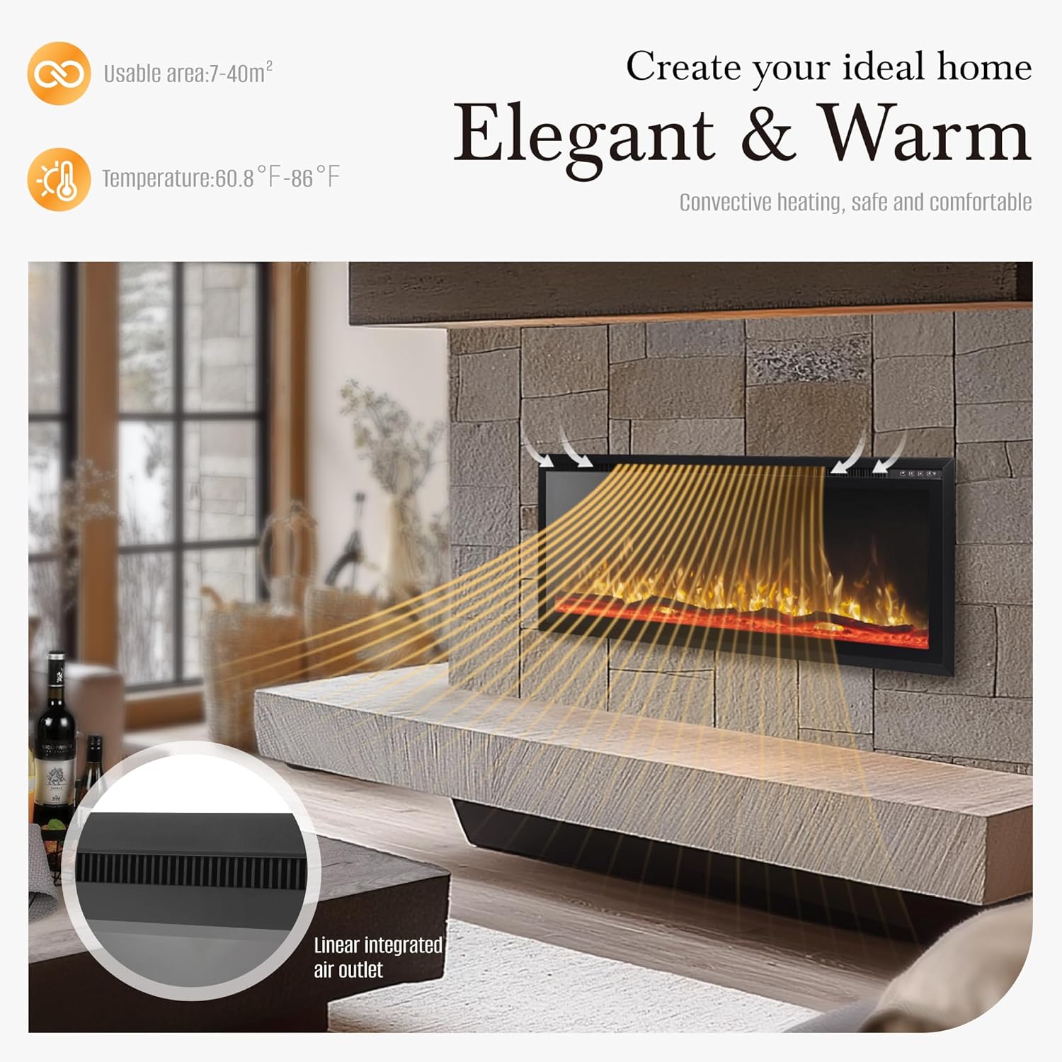 Chimenea eléctrica de 42 pulgadas montada en la pared con control remoto,...