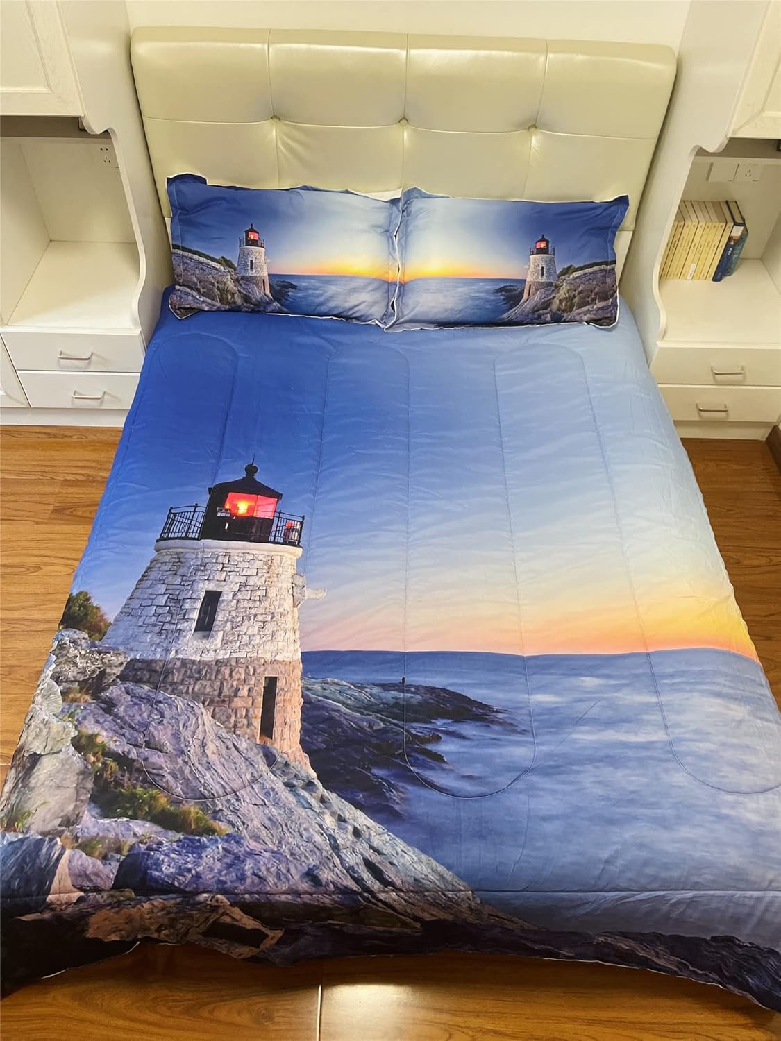 Juego de edredón estético de 3 piezas con diseño de faro náutico costero azul...