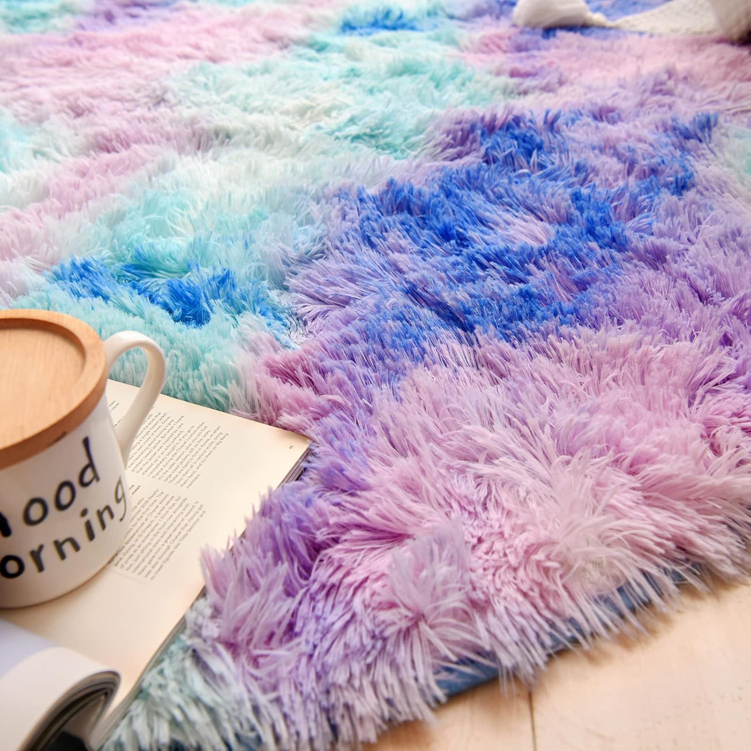 Alfombra redonda azul y morado para dormitorio, alfombra circular esponjosa de