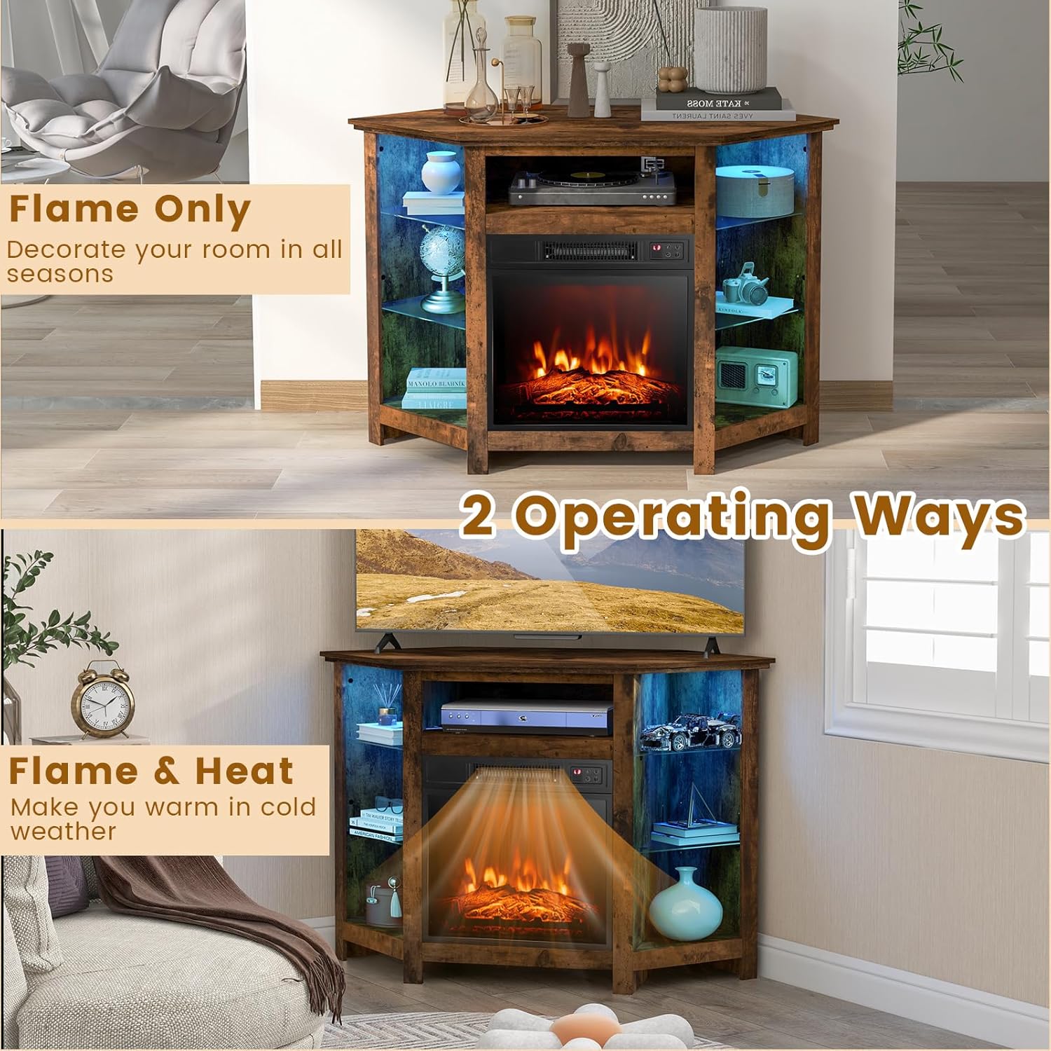 COSTWAY Soporte de TV de esquina con chimenea eléctrica para televisores de...