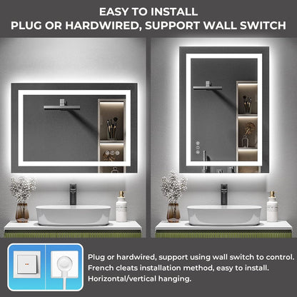 Espejo de baño LED de 20 x 28 pulgadas con luces delanteras y retroiluminadas,