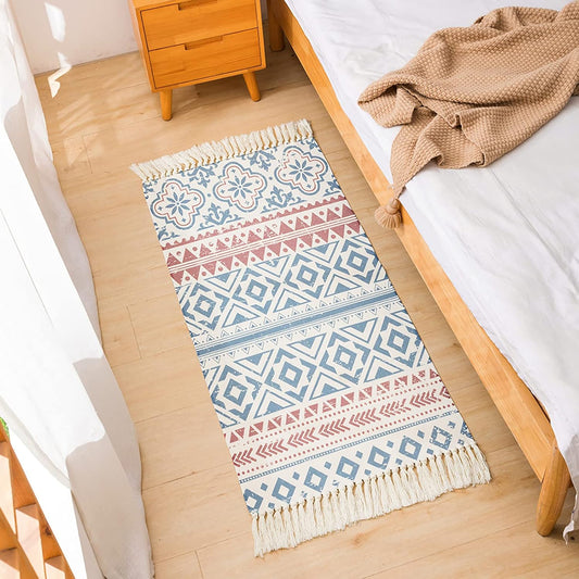 Winwinplus Alfombra de algodón tejida a mano retro bohemia con borlas, alfombra...