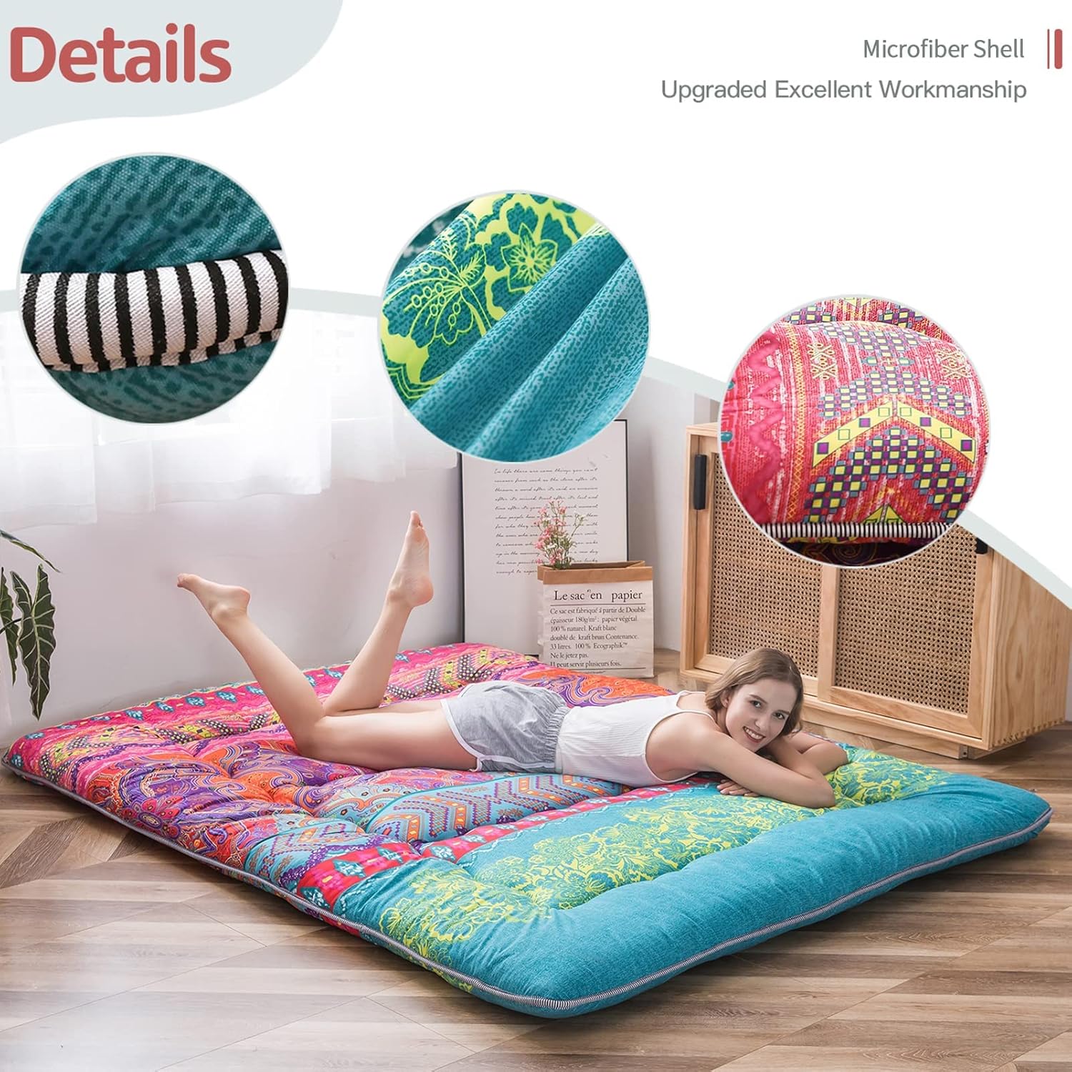 MAXYOYO Colchón de suelo bohemio estilo floral bohemio tatami japonés cama...
