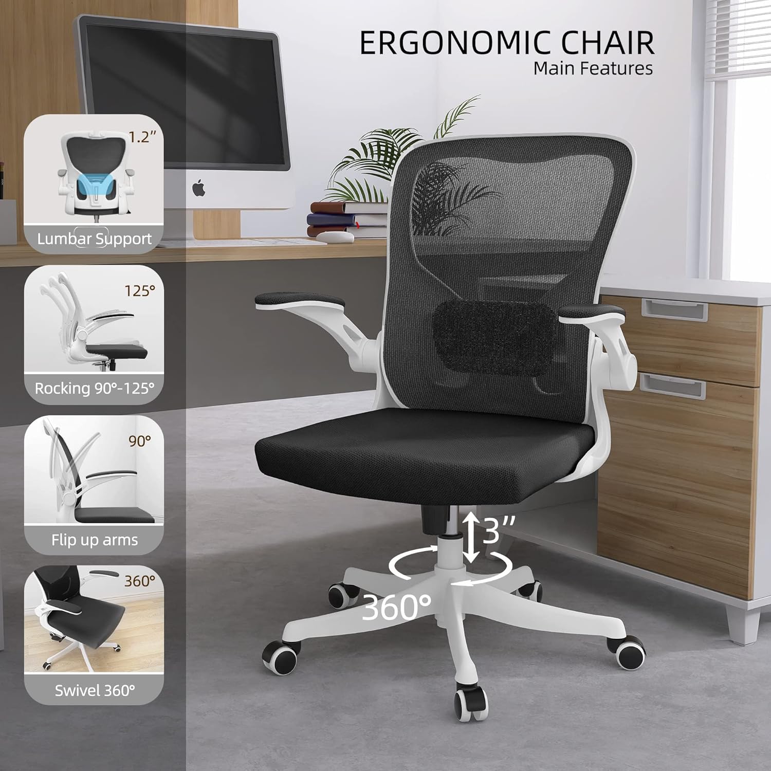 Monhey Silla de oficina ergonómica con soporte lumbar y brazos abatibles,...