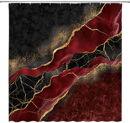 Cortina de ducha con diseño abstracto de mármol rojo burdeos, granate, dorado,