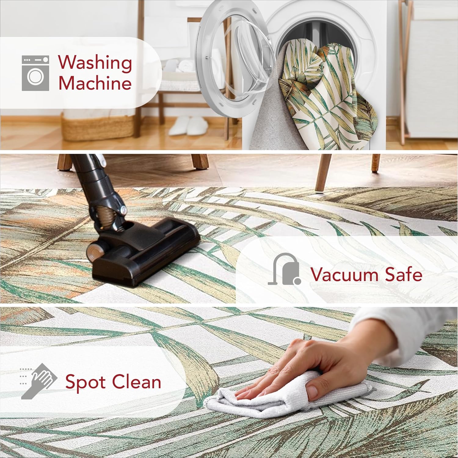 Elen Alfombra ultrafina lavable a máquina, hojas naturales, 2 pies 6 pulgadas x