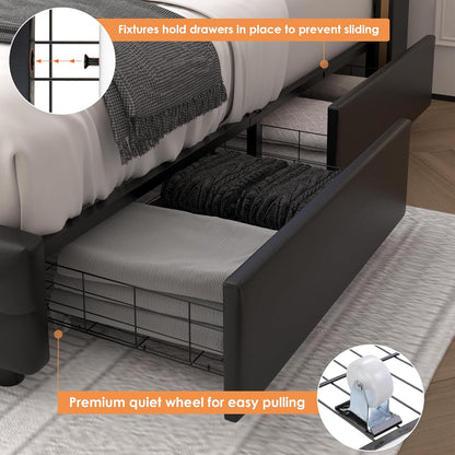 Base de cama con plataforma LED inteligente con 4 cajones de almacenamiento,