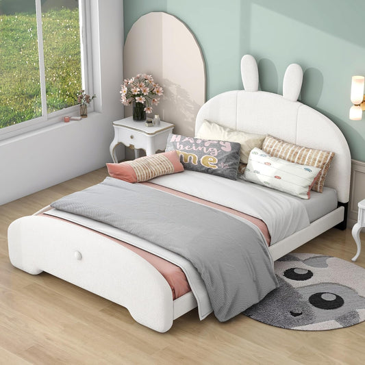 Cama tapizada de plataforma matrimonial con cabecera en forma de orejas de...