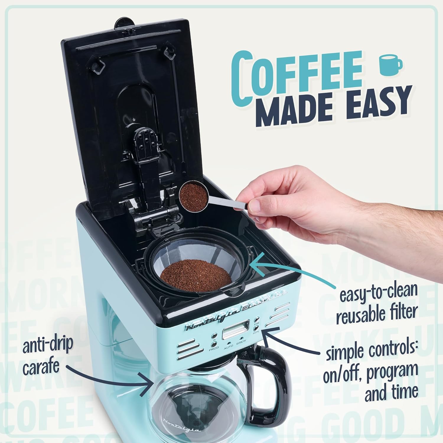 Nostalgia Cafetera programable retro de 12 tazas con pantalla LED, apagado...