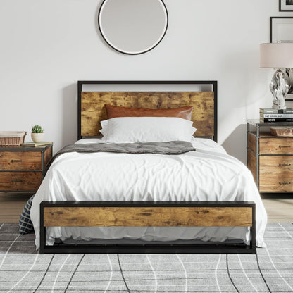 Base de cama individual con cabecera de madera, cama de plataforma de metal