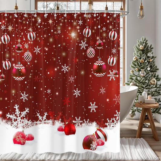 Cortina de ducha de Navidad, copos de nieve rojos de Navidad, con purpurina,...