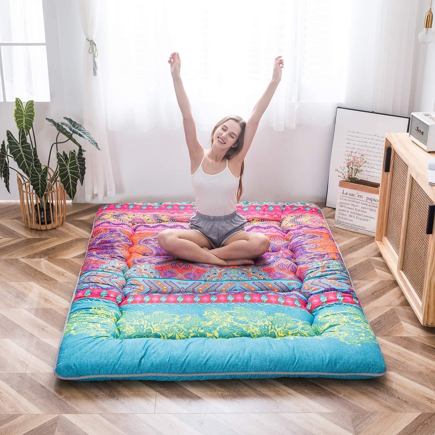 MAXYOYO Colchón de suelo bohemio estilo floral bohemio tatami japonés cama...