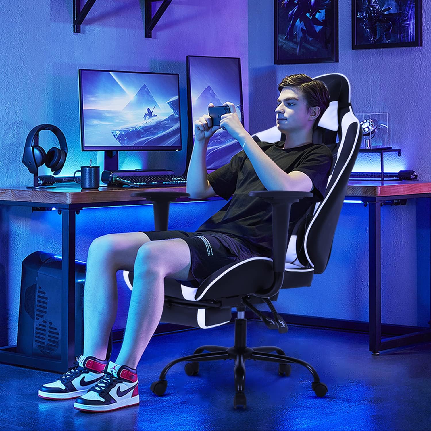 Silla para videojuegos, silla ergonómica para juegos con reposapiés reclinable,...