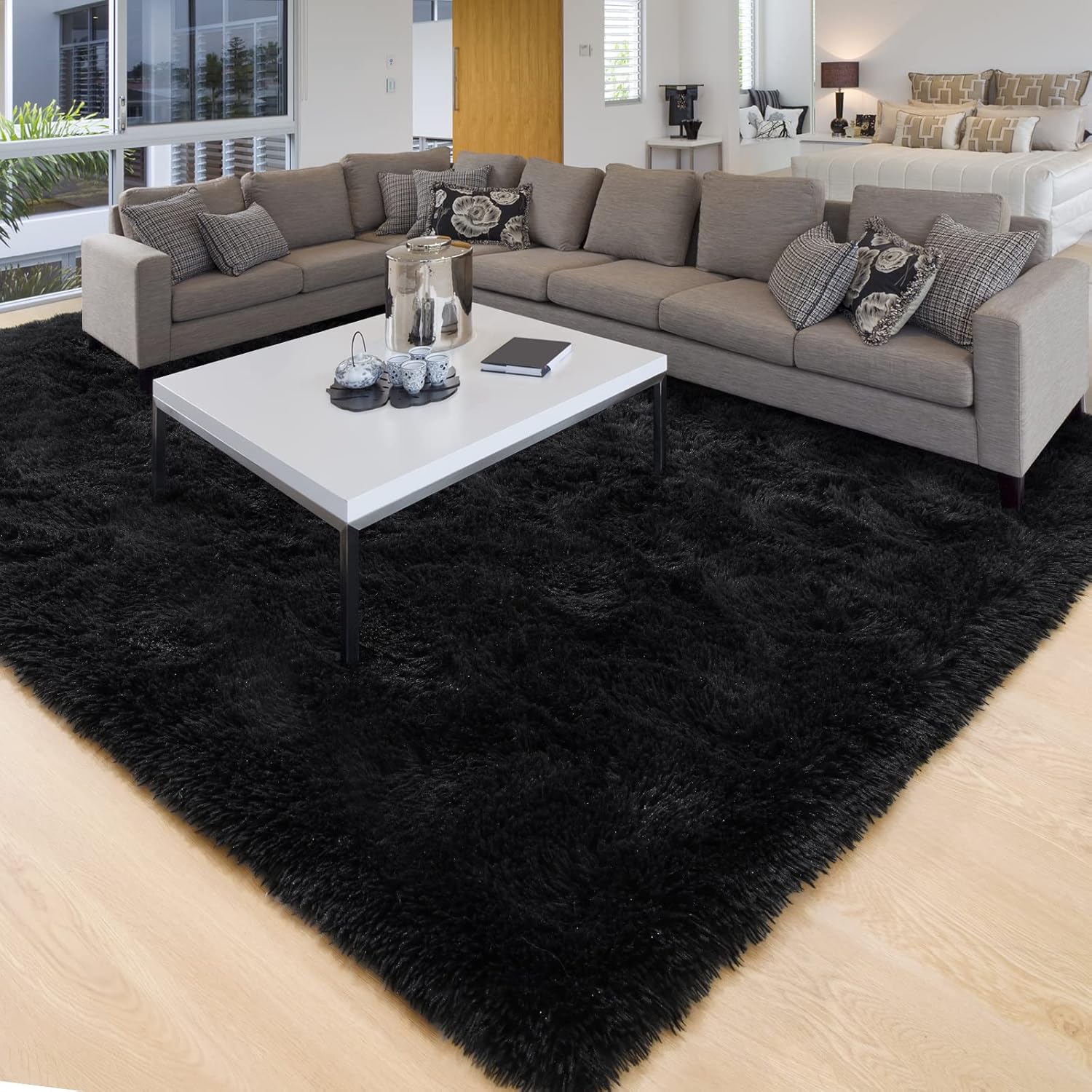 Unirea Alfombra peluda para dormitorio, sala de estar, alfombra negra de 5 x 8...