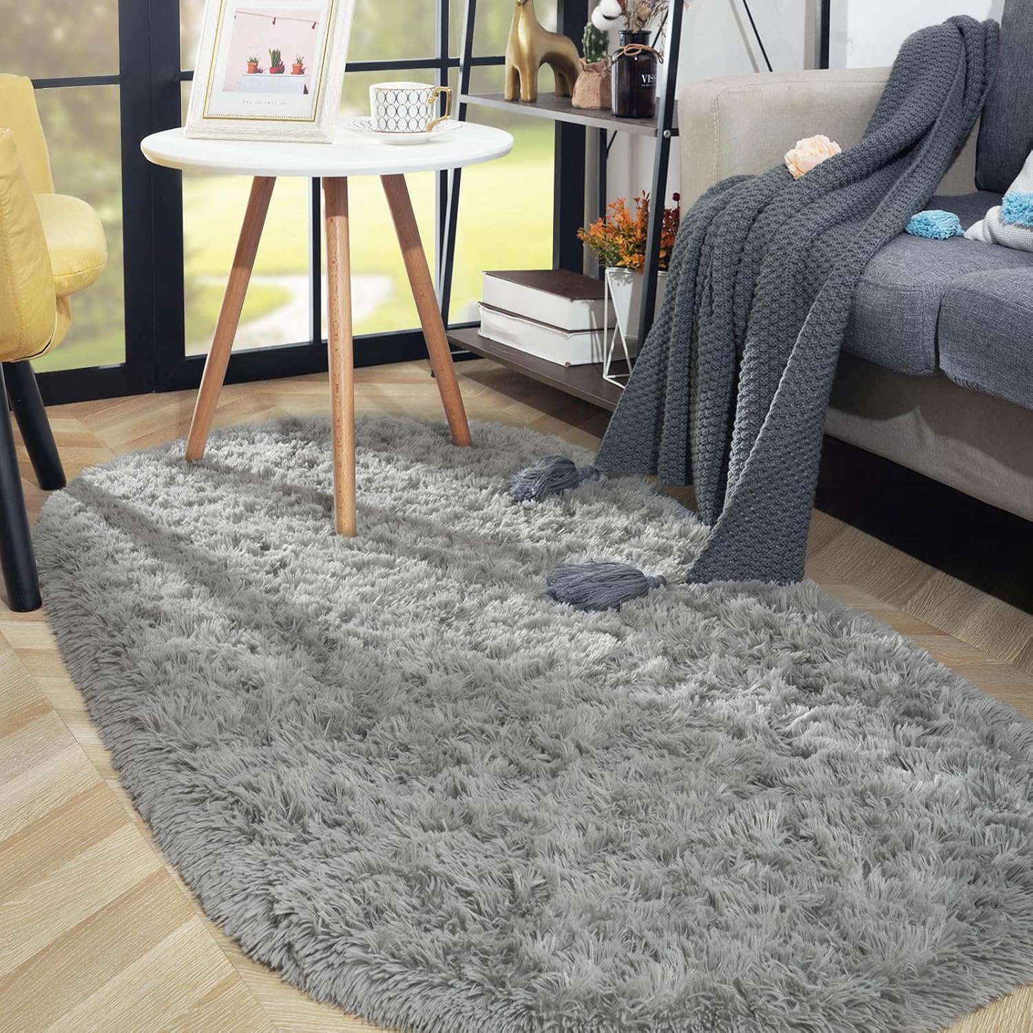 ISEAU Alfombra ovalada esponjosa, moderna alfombra de felpa lanuda para...