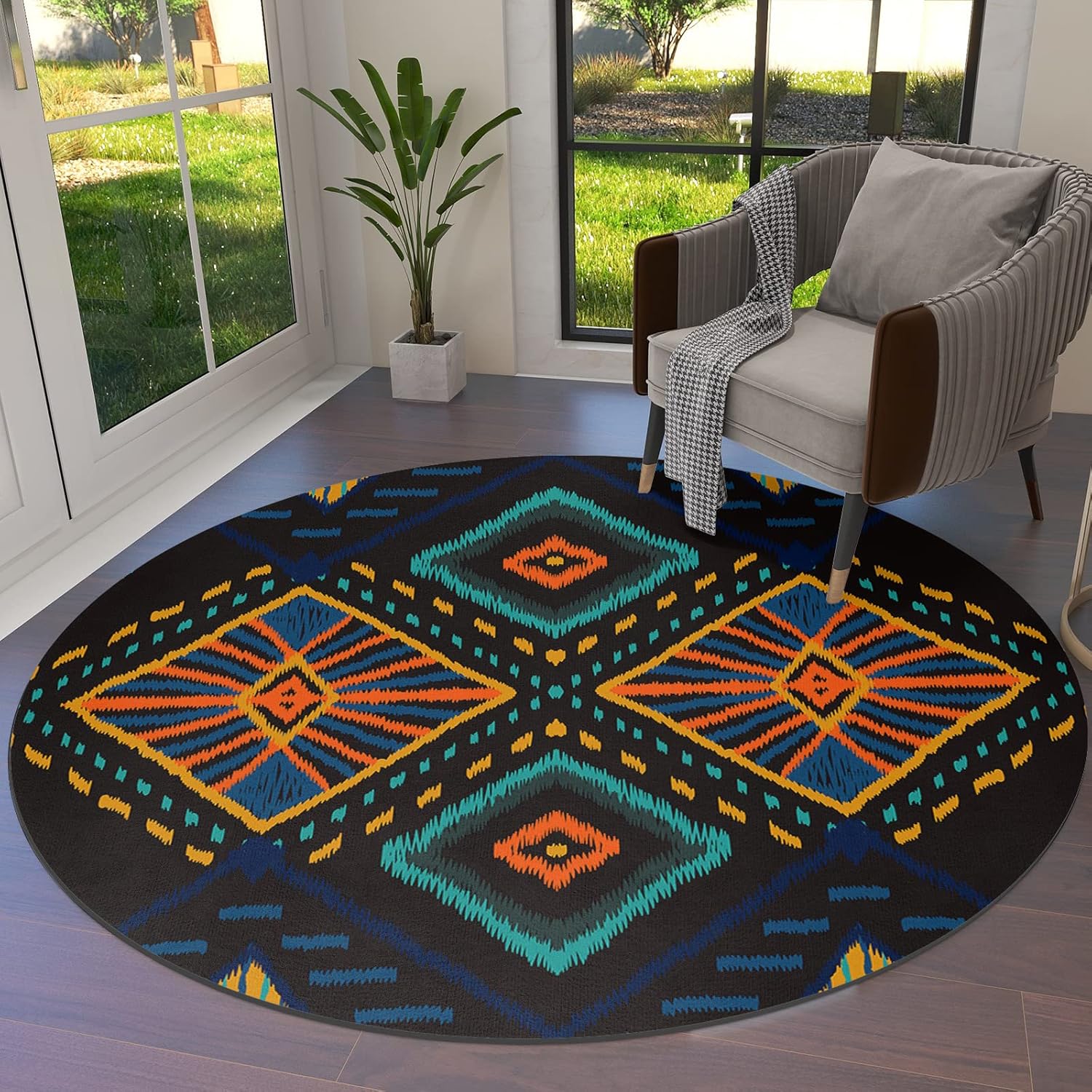 Alfombra bohemia redonda de 6 pies, lavable para interiores y exteriores, para...