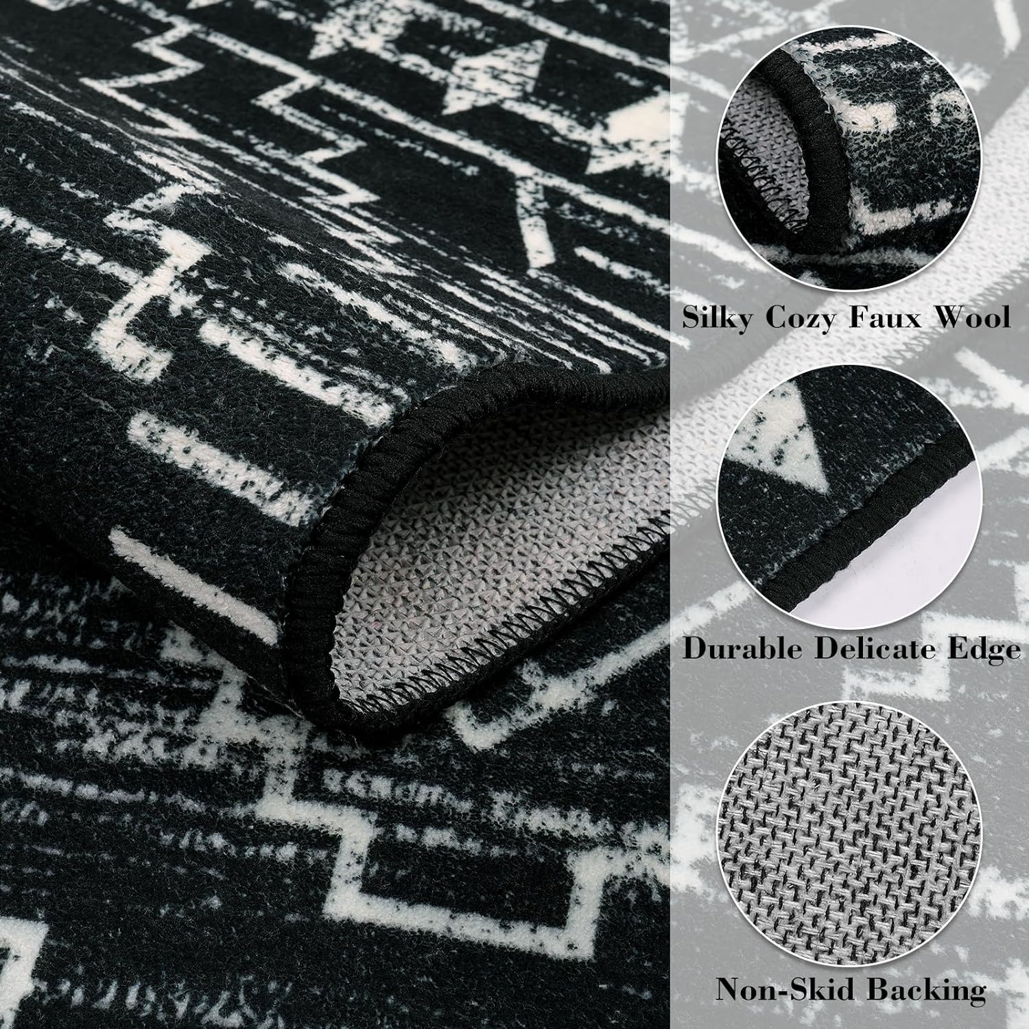 Alfombra de pasillo de cocina lavable de 2 x 6, tapete marroquí negro para