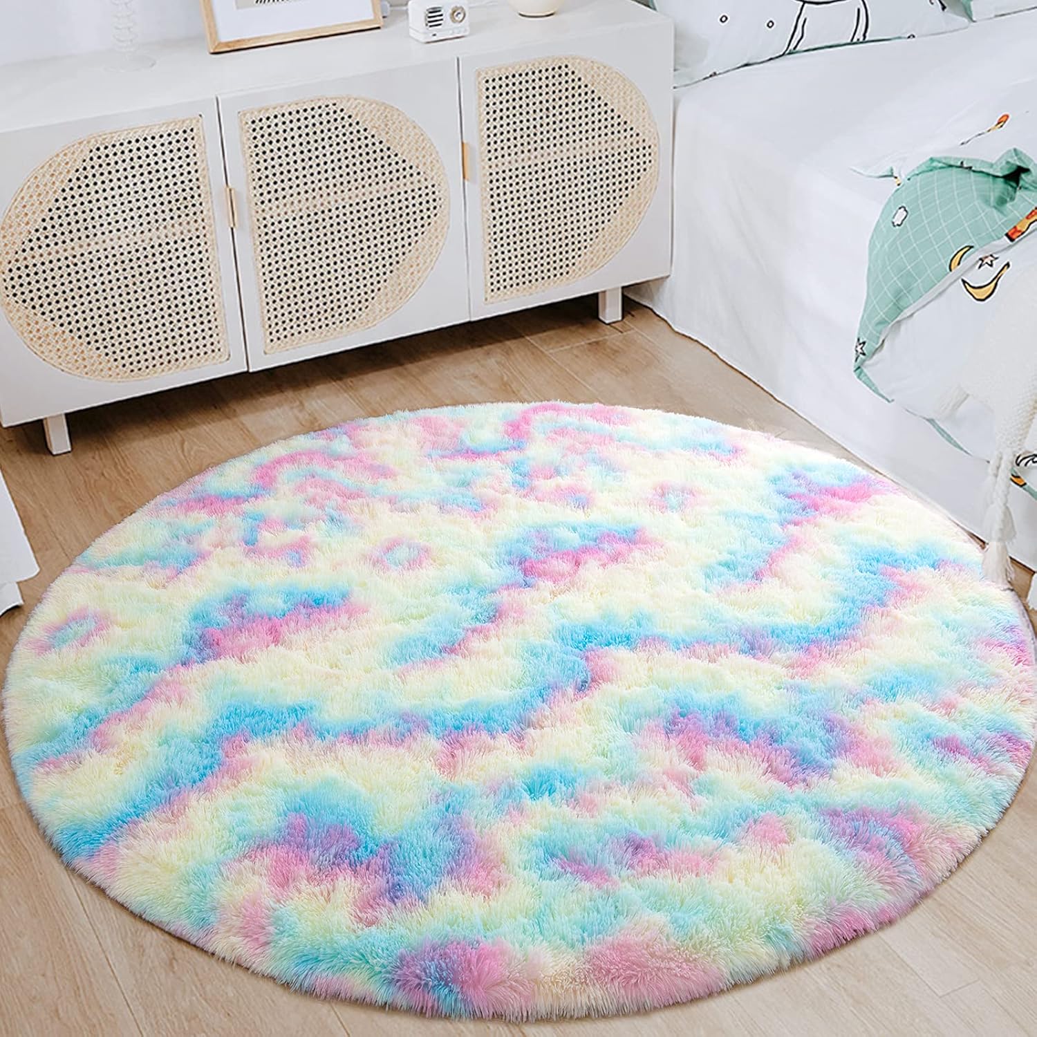 junovo Alfombras redondas suaves de arco iris para habitación de niñas,...
