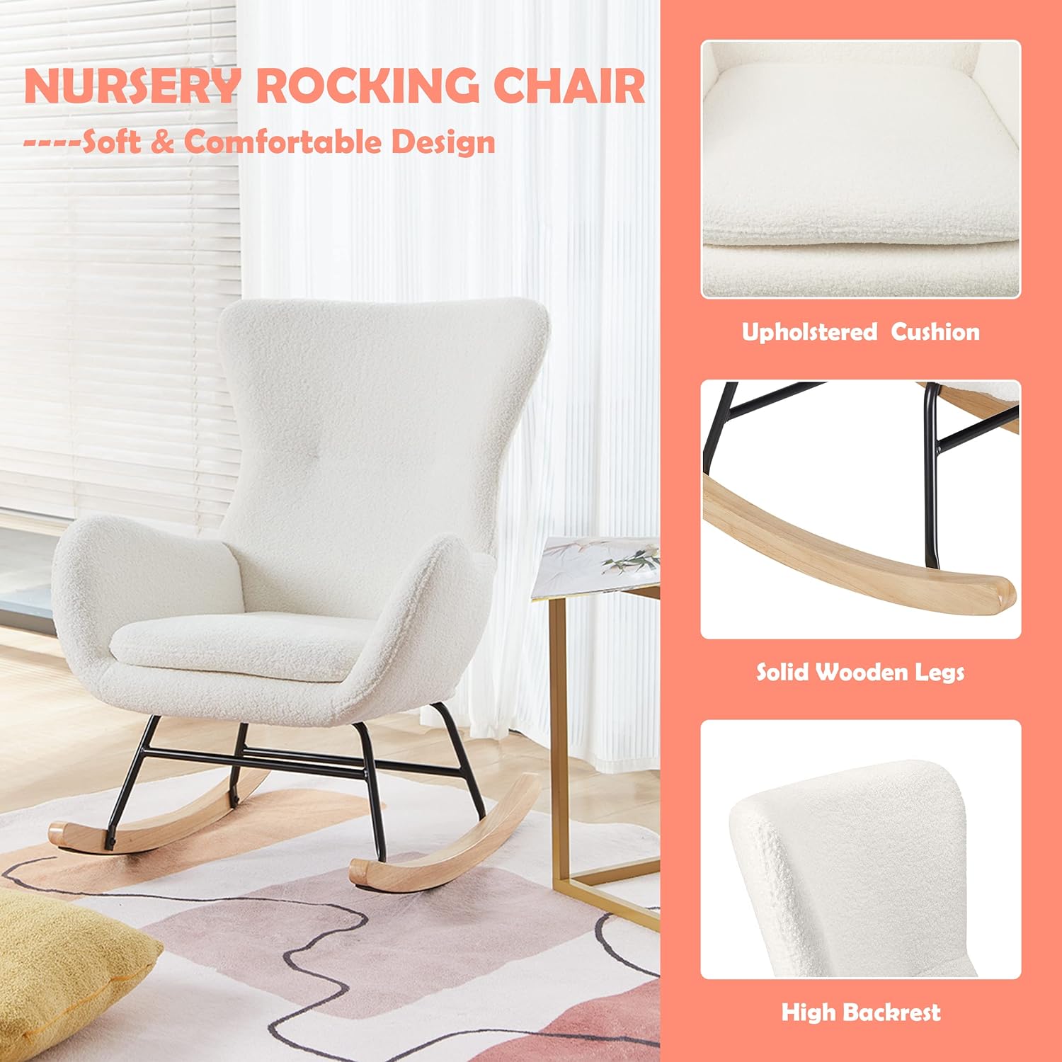 PrimeZone Cómoda mecedora para cuarto de bebé, silla deslizante con respaldo...