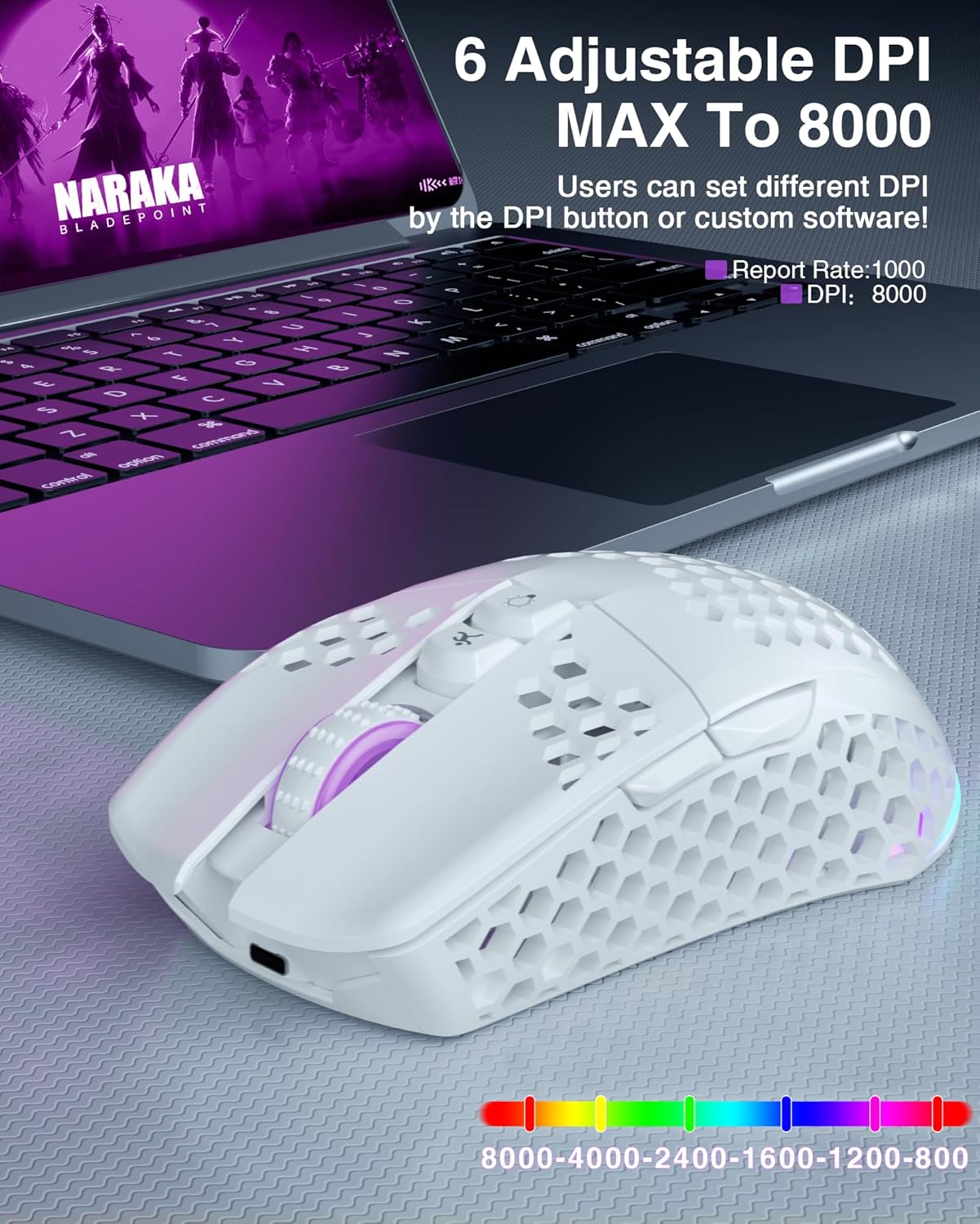 SM600 - Ratón inalámbrico blanco para juegos, 8000 DPI Tri-Modos BT5.1Tipo-C...
