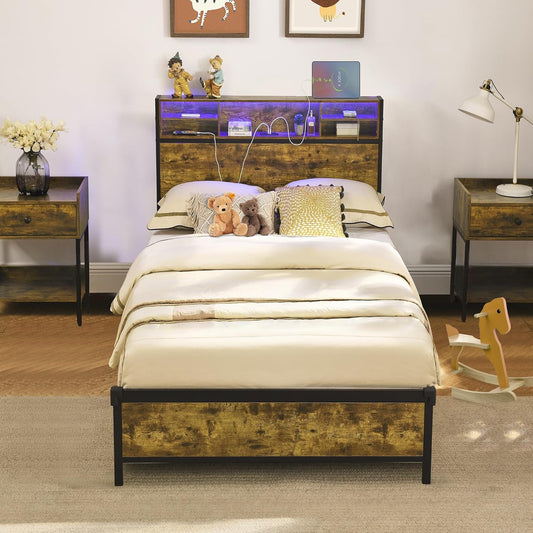 Alohappy Base de cama individual con cabecera de estantería y estación de...