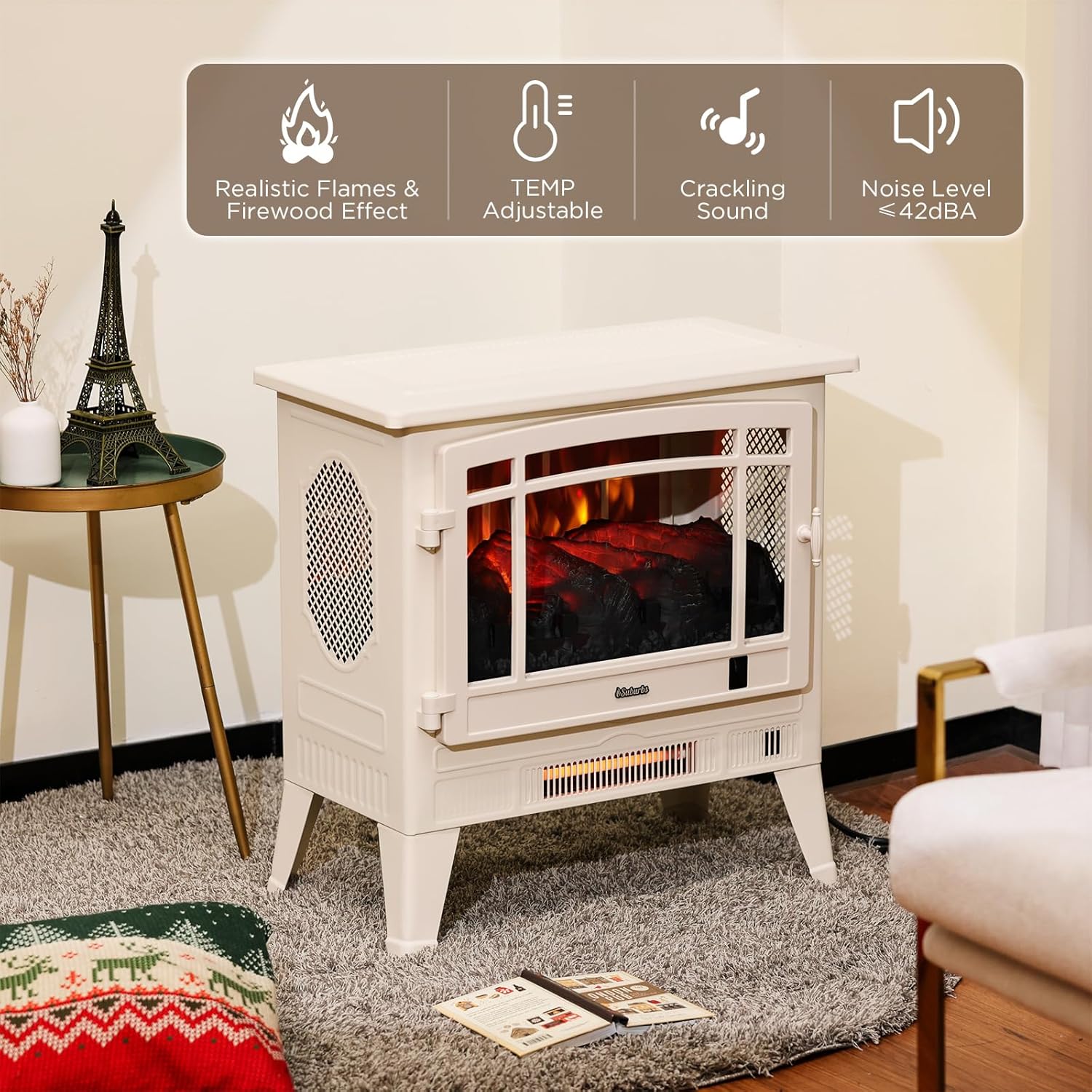 TURBRO Suburbs - Chimenea eléctrica Wi-Fi de 25 pulgadas con sonido crepitante,...