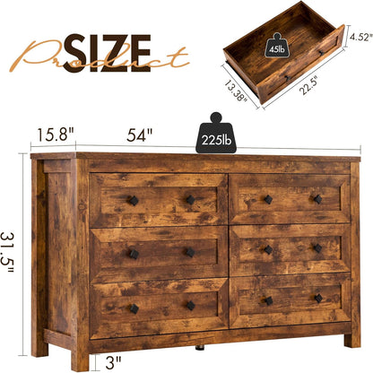 Cómoda de 6 cajones para dormitorio, cómoda de madera de granja con textura de
