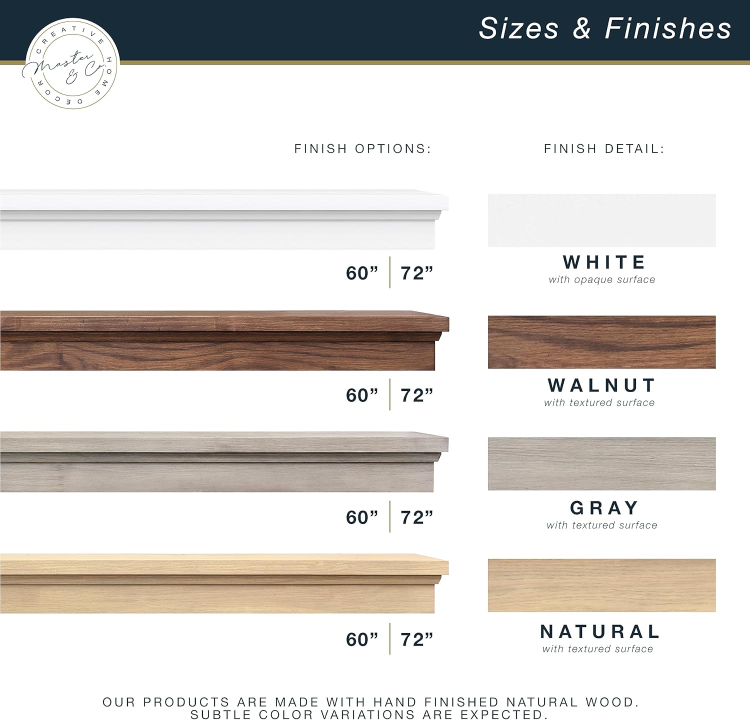 MCS Master & Co - Mantel flotante de madera maciza con acabado blanco de 60...