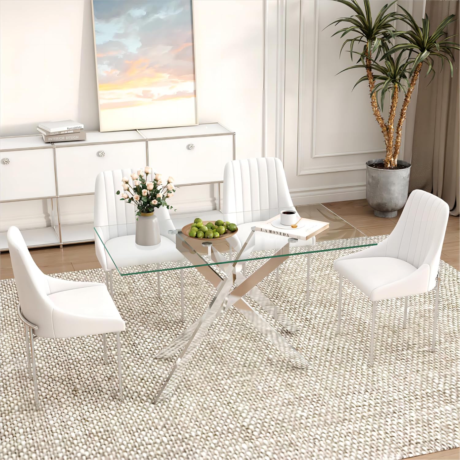 Mesa de comedor rectangular de vidrio de 51.18 pulgadas, pestaña de cocina de...