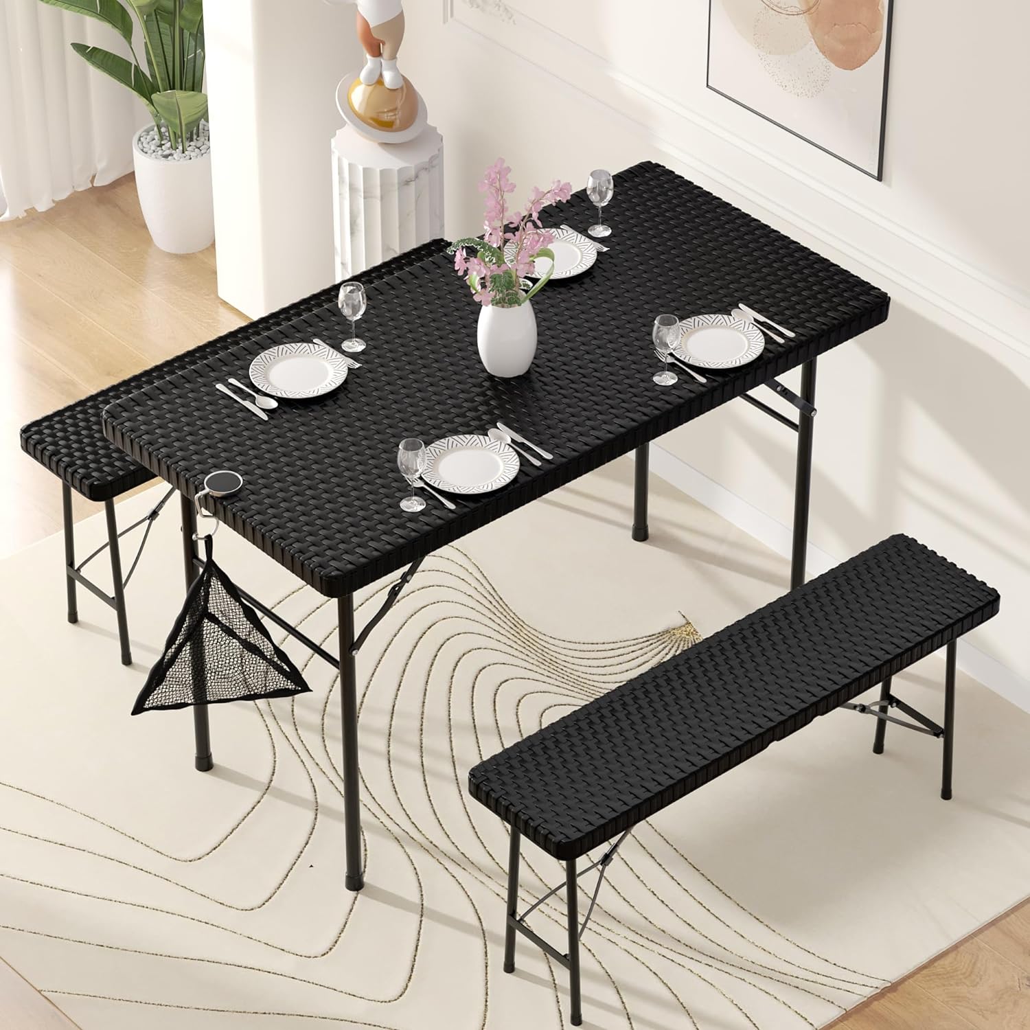 Juego de comedor para 4, mesa plegable de ratán sintético con 2 bancos para