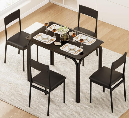 Juego de mesa de comedor con mesa de cristal negro y 4 sillas con cojín de