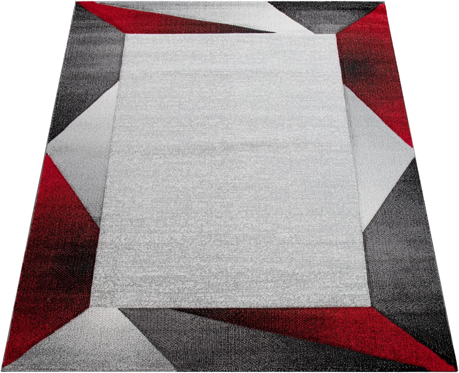 Alfombra de área moderna con borde geométrico rojo gris con corte de contorno,...