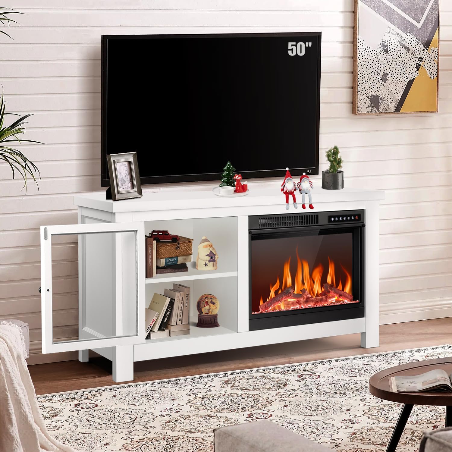 R.W.FLAME Soporte de TV con chimenea para TV de 50 pulgadas, moderno centro de...