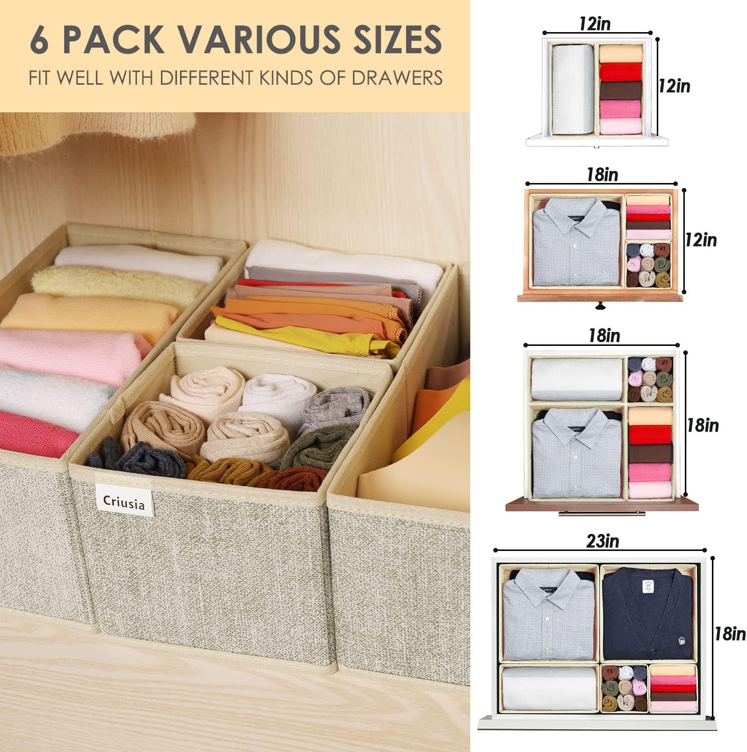 Criusia Organizador de cajones para ropa interior, juego de 6 organizadores