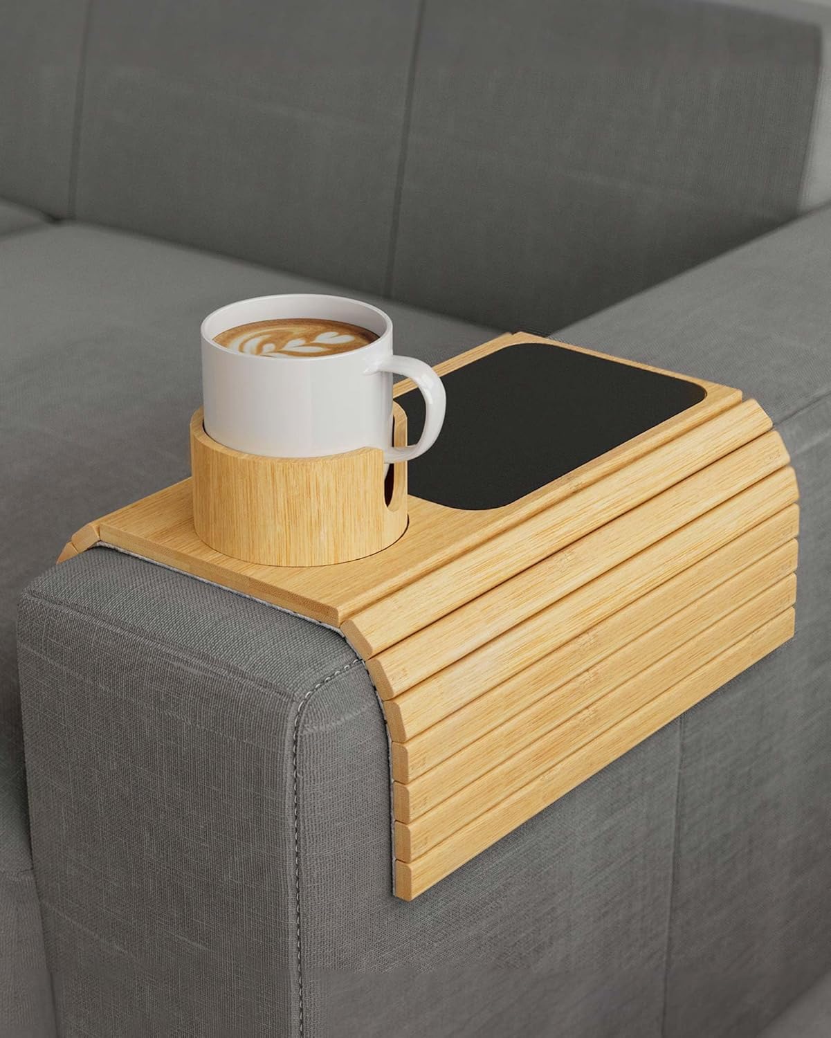 Soporte para taza de sofá, bandeja para brazo de sofá con soporte giratorio de...