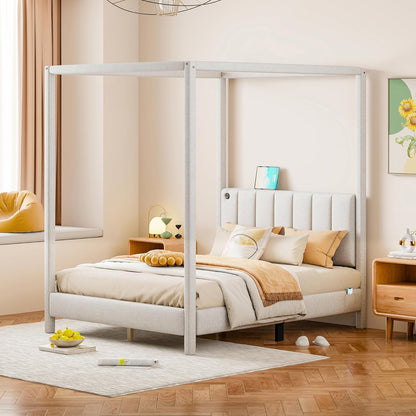 Designs Cama con dosel tamaño matrimonial con puertos USB y tipo C, base de