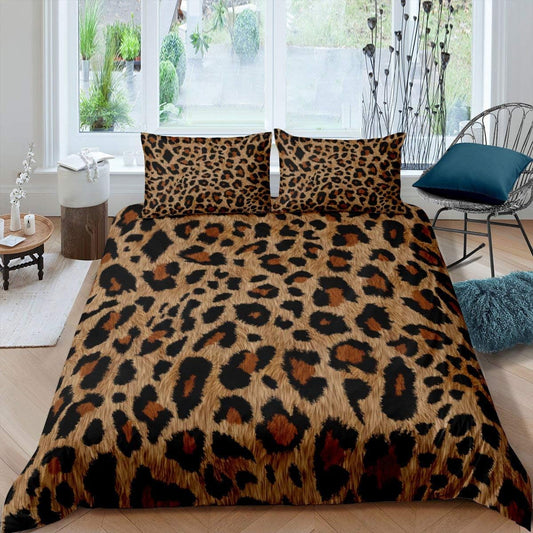 Juego de ropa de cama con estampado de leopardo marrón para adultos, funda de...