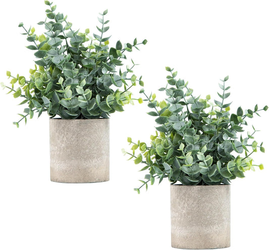 Paquete de 2 plantas artificiales pequeñas de eucalipto en maceta para...