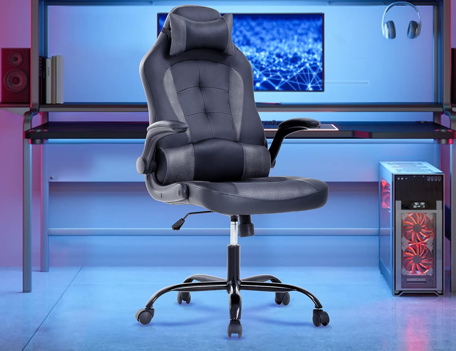 Silla de videojuegos, silla de computadora de piel sintética ajustable con...