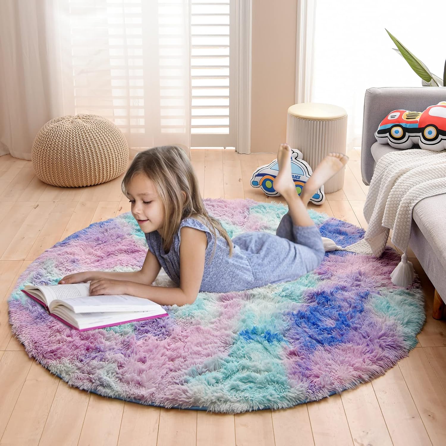 Alfombra redonda azul y morado para dormitorio, alfombra circular esponjosa de