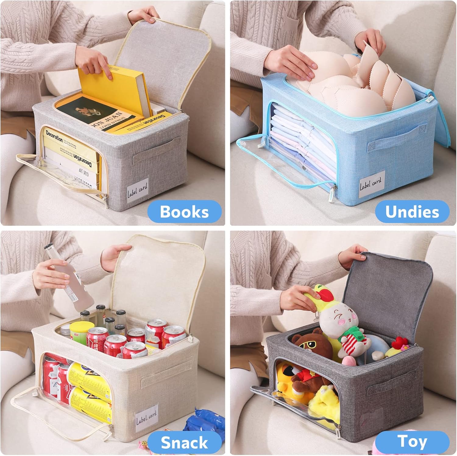 Caja de almacenamiento de ropa, juego organizador plegable de tela de lino con...