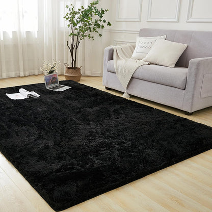 Alfombra negra de pelo largo de 8 x 10 pies para sala de estar, alfombra de